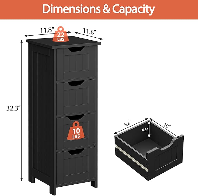 SUPER DEAL Small Bathroom Storage Cabinet with 4 Drawers, Freestanding Narrow Wooden Side Storage Organizer for Bathroom Hallway Living Room, Black