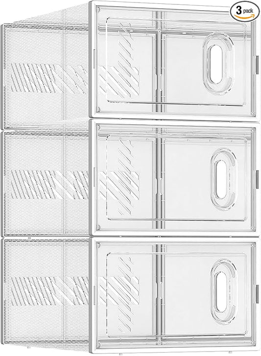 BALEINE 3 Pack Stackable Shoe Storage Boxes Fit Size 9, Thickened Clear Shoe Box Bins with Lids, Plastic Foldable Shoe Rack Organizer Sneaker Storage Containers (Large, White)