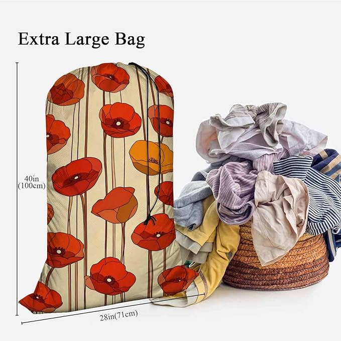 Swono Poppies Drawstring Laundry Bag Floral Pattern Bouquet Blooming Plant Oversize Storage/Travel Bag for Home or College - Measures 28 x 40 inches, Red