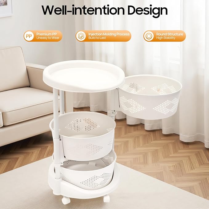 3 Tier Rotating Kitchen Storage Basket Rack Storage Shelf Cart Fruit Vegetable Organizer with Casters Rolling Multi-Layer Round Bin Storage Space Saver for Home Household Grocery