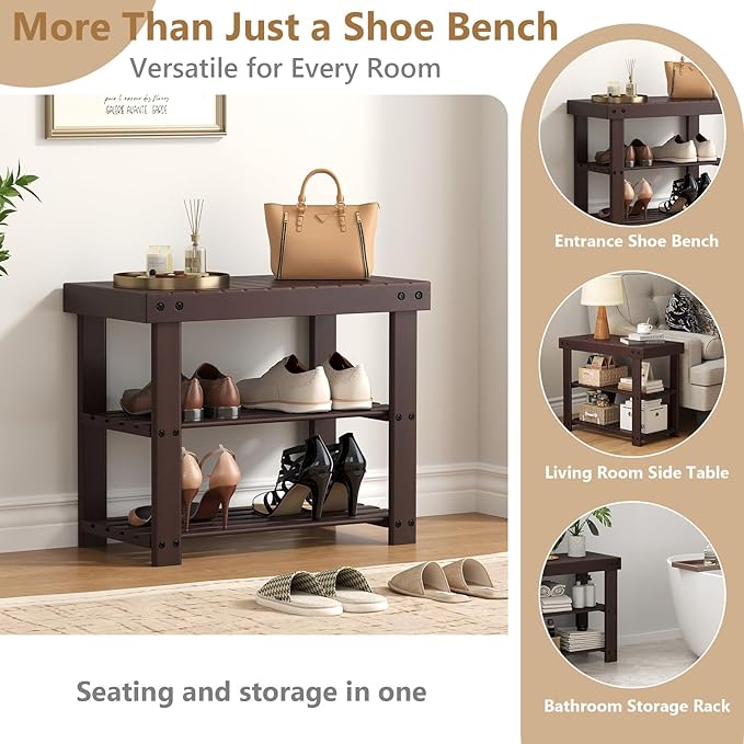 Sweetcrispy Shoe Rack Bench, 3-Tier Bamboo Entryway Storage Organizer, 286lb Capacity, Shoes Stand for FrontDoor Entrance, Bedroom, Living Room, Bathroom, Balcony, 19 Inches Length, Brown