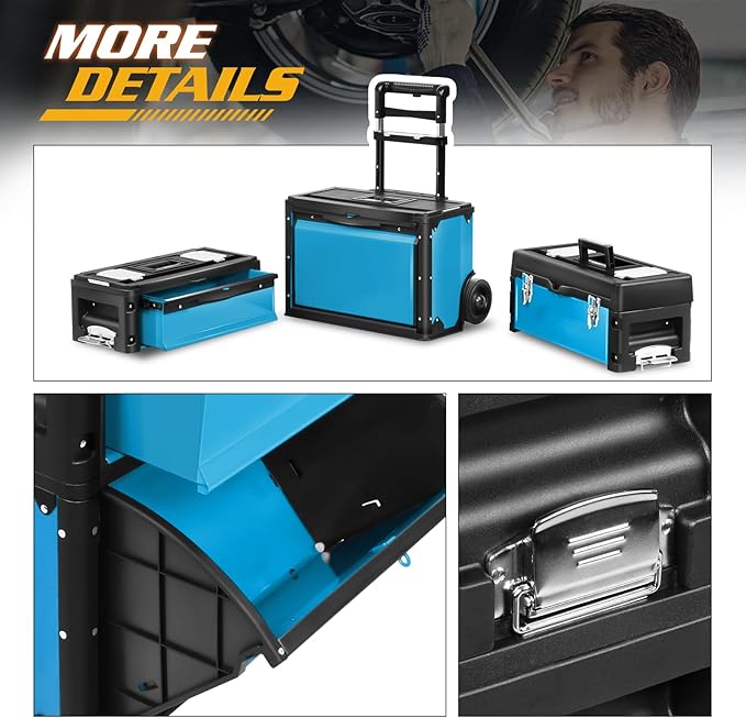 Magshion Heavy-Duty Rolling Tool Box, 3-Tier Stackable Tool Chest System with Wheels & Drawers, Modular Organizer for Small Parts and Tools, Mobile Garage Workshop Storage in Black/Blue