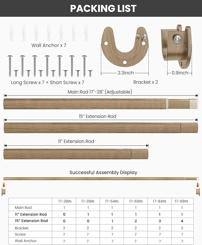 Supforce Closet Rods for Hanging Clothes, 17 to 39 Inches Stepless Adjustable Metal Closet Rod, 1.3 Inches Heavy Duty Clothes Hanging Rod for Closet Wardrobes Laundry RV(Wood Grain)