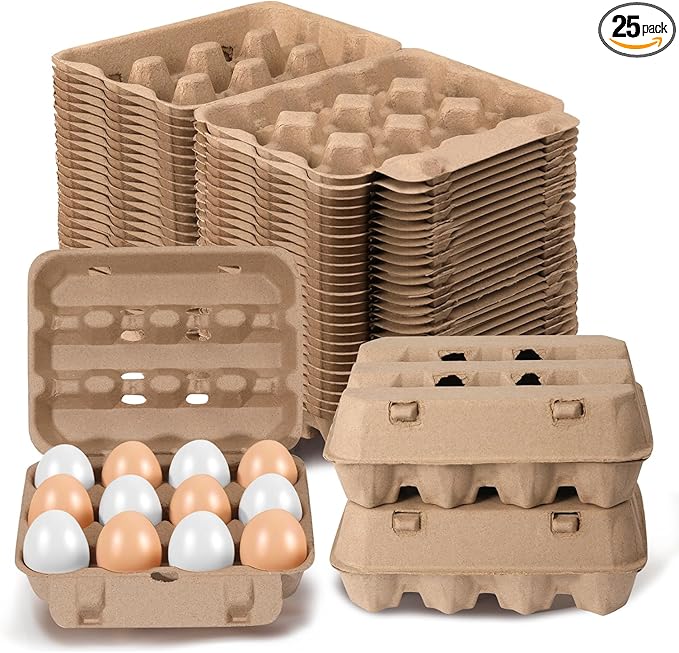 25 Pack Egg Cartons, 3x4 Style Reusable Natural Paper Pulp Egg Cartons Cheap Bulk, Sturdy Egg Holder for Fridge, Empty Containers for Fresh Chicken Eggs
