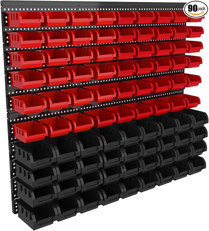 Wall Mounted Storage Bins, Nut and Bolt Organizer, Plastic Bolt Bin, Screw Organizer, Storage Bins for Garage (RED+BLACK, EXTRA LARGE(90PCS))