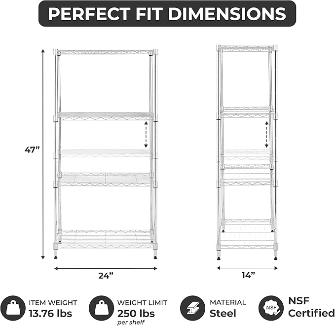 3-Tier Heavy Duty Adjustable Shelves, Metal Storage Rack with 250-lb Shelf Capacity, Chrome, 14" W x 24" L x 30" H