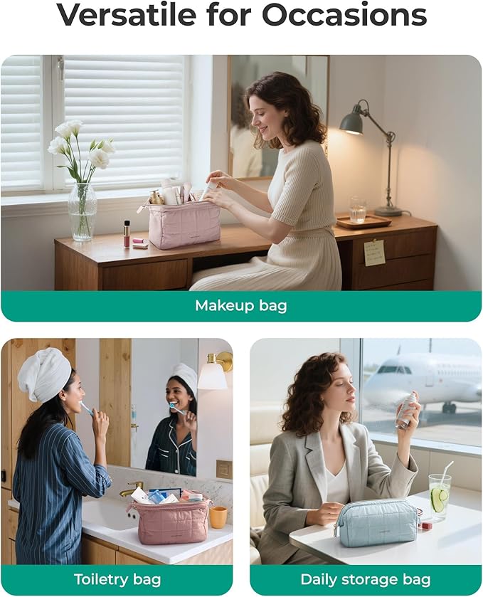 BAGSMART Makeup Bag Cosmetic Bag Wide Open, Beige, M, Wide-open Travel Makeup Bag With Puffy Padded and Rectangular Quilted