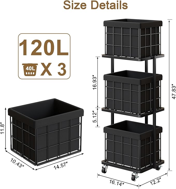 120L Vertical Rolling Laundry Hamper with Removable Bags, 3 Section Laundry Basket with Wheels, Slim Tall 3 Tier Laundry Sorter for Small Spaces, Dorm, Laundry Room, Bathroom, Closet, Black