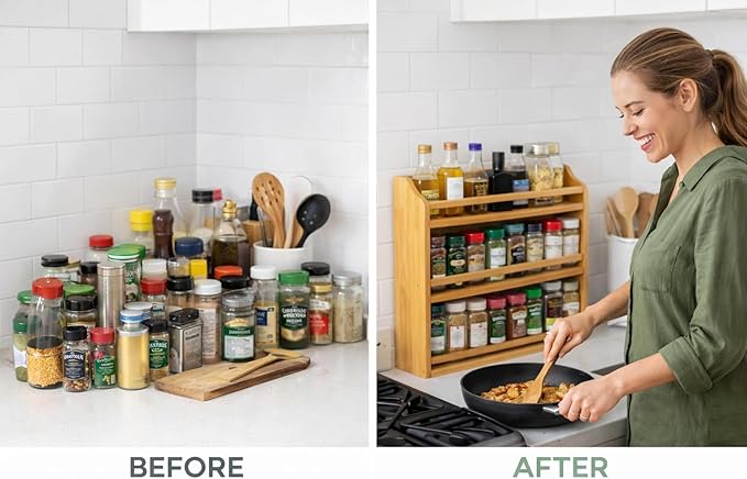 Bamboo Spice Rack Organizer – 3 Tier Bamboo Spice Rack Organizer – Countertop or Wall Mounted – Kitchen Spice Shelf Storage – Space Saving Organizer for Pantry & Cabinet