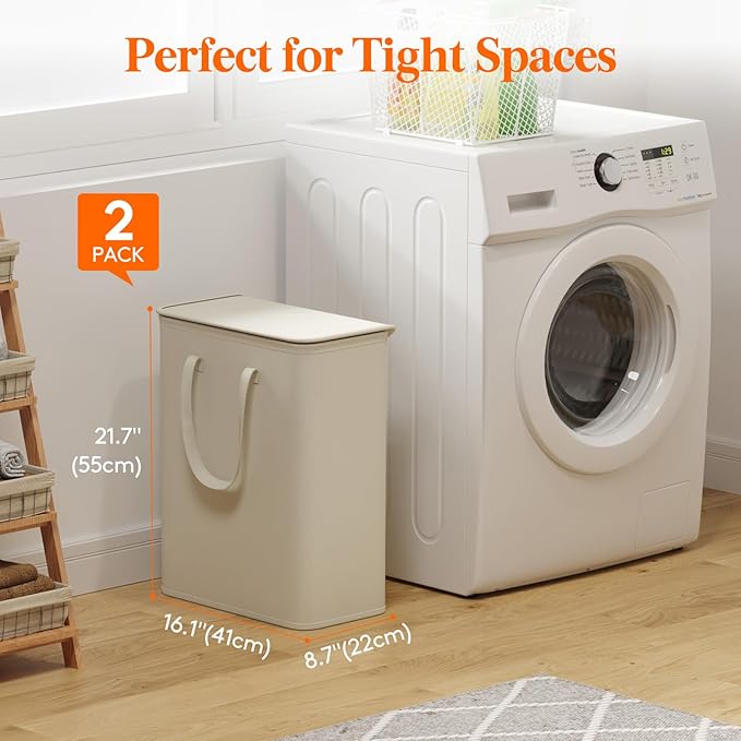 Lifewit 50L Slim Laundry Hamper, Small Laundry Basket with Lid, Dirty Narrow Collapsible Clothes Storage with Easy Carry Extended Handles, Tall Hampers for Bedroom Laundry Room, White, 2 Packs