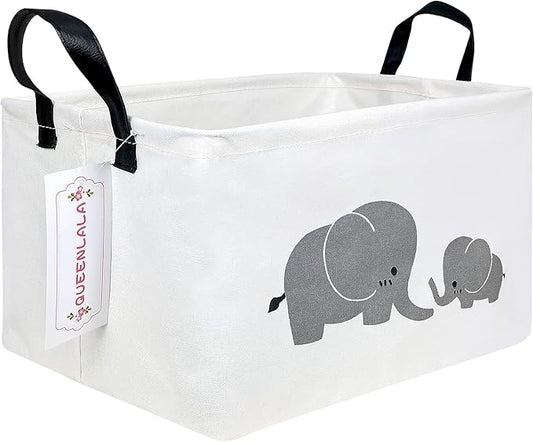 QUEENLALA Rectangular Laundry Hamper/Foldable Nursery Laundry Basket for Organizing/Storage Bin Baskets/Children Toy Office Bedroom/Toy Bin Closet Shelf Baskets（Rec-Parent-child elephant）