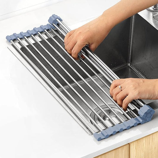 MECHEER Over The Sink Dish Drying Rack, Stainless Steel Roll Up Dish Drying Rack Kitchen Dish Rack Sink Drying Rack, Foldable Dish Drainer, 17.5''x13.7''