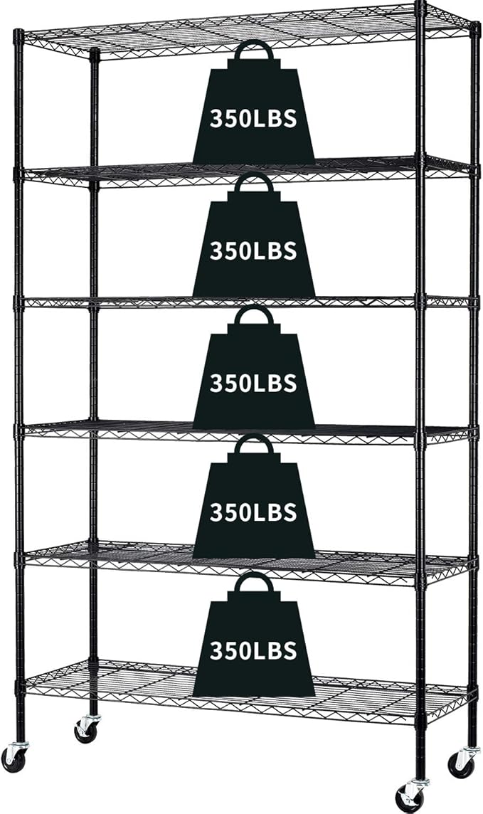 HCY 6-Tier Storage Shelf Heavy Duty Shelving Unit NSF Height Adjustable Metal Rack with Wheels for Laundry Bathroom Kitchen Garage Pantry Organization 2100 LBS Capacity-82*48*18 inch, (Black)