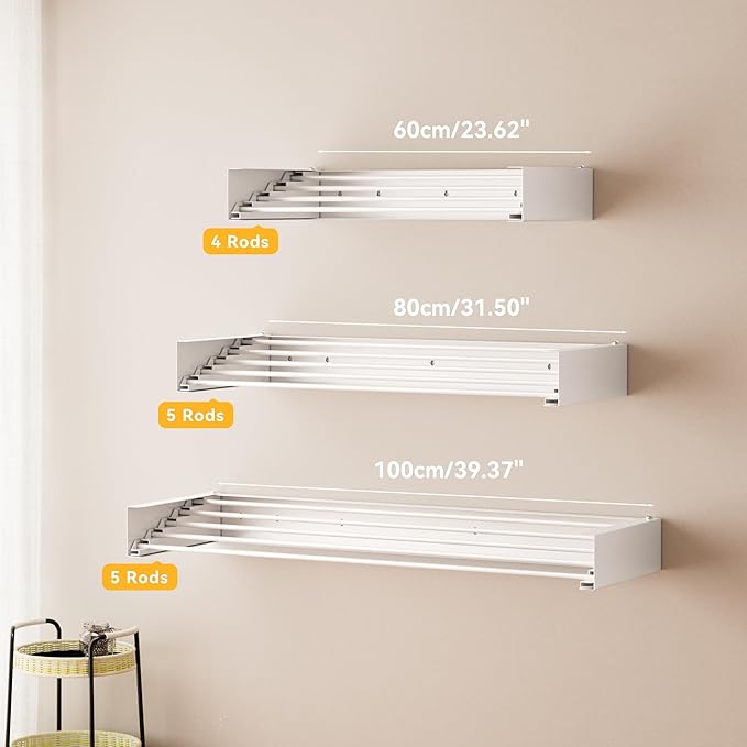 Wall Mounted Drying Rack - 23.6 Inch Stainless Steel Clothes Drying Rack Collapsible, Heavy Duty 60LBS Laundry Drying Rack, Retractable Folding Dryer Racks for Laundry Drying Indoor/Outdoor