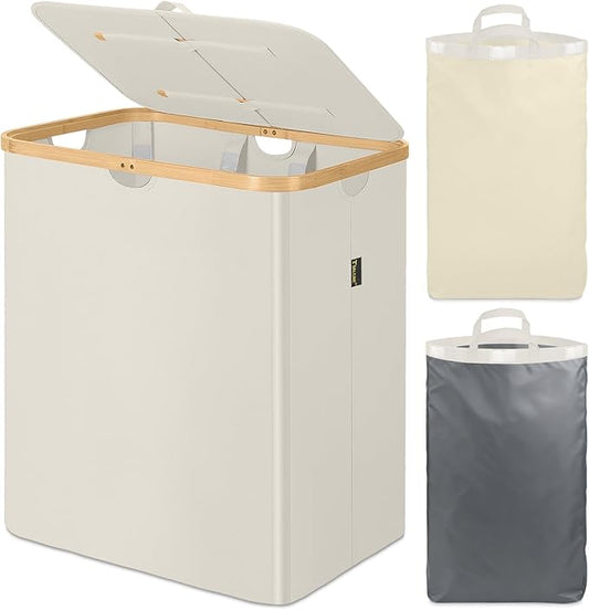 BALEINE Laundry Hamper with Lid, Tall Laundry Baskets with Bamboo Pull Handles, Large Laundry Bin with Internal Support (36 Gal/140L, Beige)