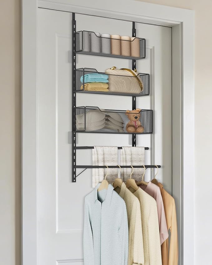 VyGrow Over the Door Storage Organizer with 3 Tier Mesh Baskets 2 Hanging Rods, 2 Mounting Options, Heavy Duty Clothes Hanger & Towel Rack for Bathroom Bedroom Office, Black