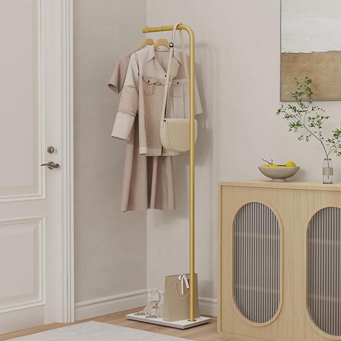 Metal Coat Rack Freestanding, Stable Clothing Rack with Rock Base, Coat Tree Suitable for Bedroom, Hallway, Office, 70.8 Inches High, Golden