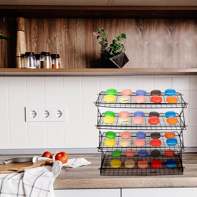 PowerKing Upgraded Collapsible 4-Tier Cooling Rack, Adjustable Stackable Non-Stick Wire Rack for Baking, Roasting, Drying, Cookies, Cakes, Muffins, Space-Saving, Gifts for Baking Enthusiasts