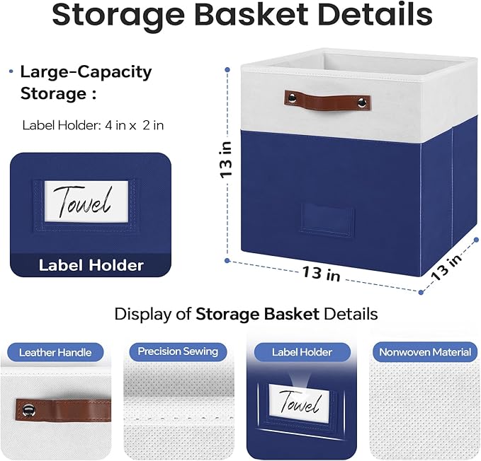 FinishingBo 6-Pack Storage Cubes with Handles & Label Holders Basket, Closet Cube Home Organizer Bins(White/Blue, 13 x 13 x 13 inch)