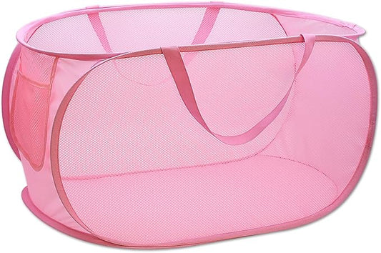 Pop Up Laundry Hamper,Collapsible Horizontal Baskets with Handles & Side Pocket,Foldable Sturdy mesh for Laundry Room,Bathroom,Kids Room,College Dorm or Travel (Pink)
