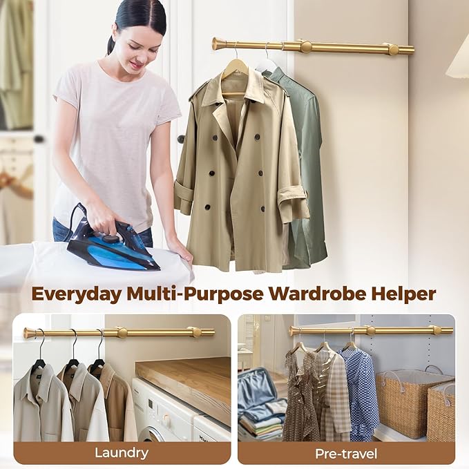 12" Pull-Out Valet Rod for Closet Organization, Add Extra Hanging Space 304 Stainless Steel Closet Rods, Space-Saving Design for Small Closets, Golden