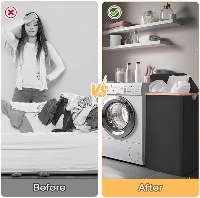 BALEINE Laundry Hamper with Lid, Tall Laundry Baskets with Bamboo Pull Handles, Large Laundry Bin with Internal Support (26Gal/100L, Carbon Black)