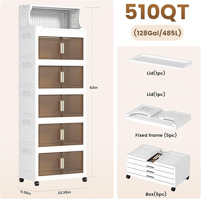 6 Tier Plastic Storage Bins with Top Open Shelf, Folding Storage Box with Doors and Wheels, Stackable Closet Organizers for Living Room, Office, Dorm