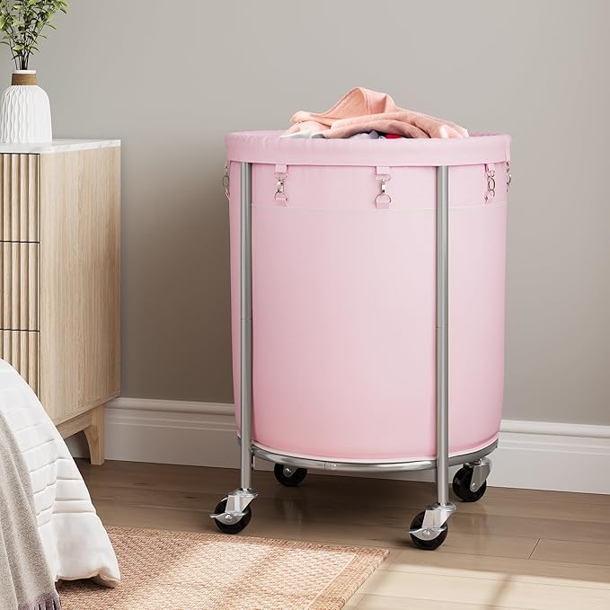 ELYKEN 190L Laundry Basket with Wheels, Large Rolling Laundry Hamper with Removable Liner Bag, Round Rolling Laundry Cart, Dirty Clothes Hamper for Hotel, Home, Closet, Dorm, Pink
