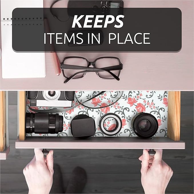 FIFTY FEET 12X120 Inch Shelf Liner for Kitchen Cabinets, PVC Drawer Liner for Dresser Non-Slip Bathroom, Non-Adhesive Cabinet Liner Washable (Red Floral)(5 Roll)