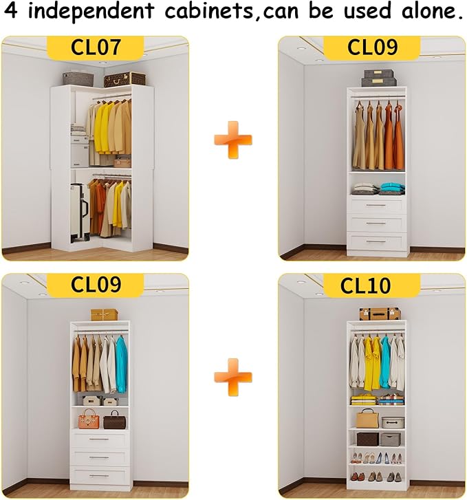 Closet System with 6 Drawers, Corner Closet Organizer System with 9 Rods & Shelves Walk in Wooden Modular Closet Storage System L-Shaped U -Shaped Freestanding 4 Sets, 2500+ Lbs Capacity White