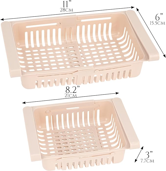 Refrigerator Drawer Organizer 2 Packs Retractable Drawer Storage Box, Unique Design Pull out Sliding Shelves Hanging Organizer (Pink Khaki)