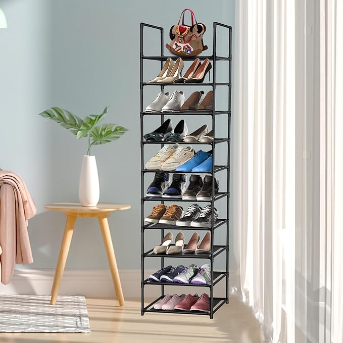 10-Tier Shoe Rack,Space Saving Shoe Storage Tall Shoe Rack Organiser Shelf Non-Woven Fabric Shoe Tower for Closet Entryway Hallway Quick Assembly No Tools Required