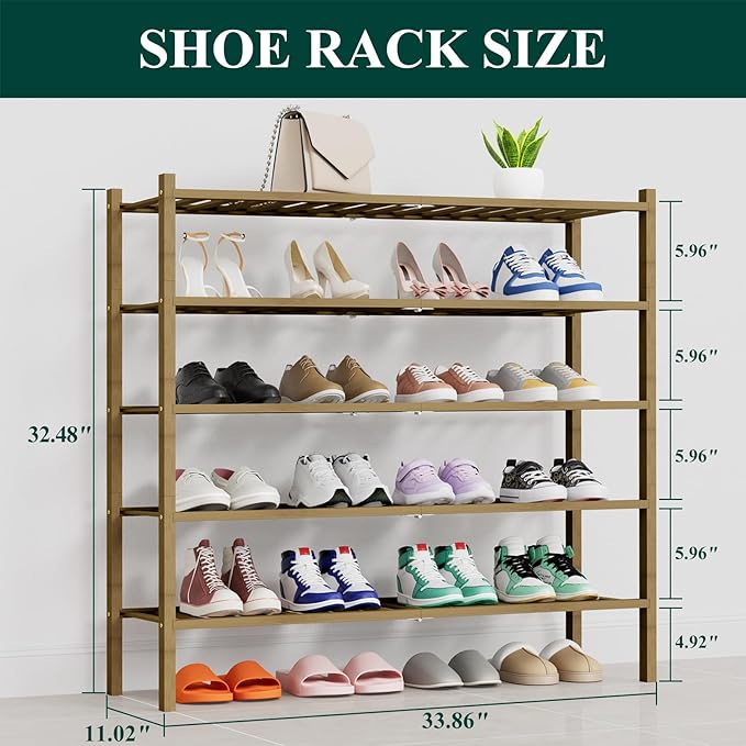 Smiry Shoe Rack, 5 Tier Thick Long Bamboo Shoe Organizer, Stackable Free Standing Wooden Shoe Storage Shelf for Closet, Entryway, Front Door Entrance, Walnut