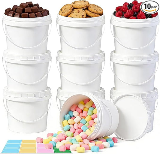 ASEVAT 10 Pack 67OZ/2000ML Airtight White Plastic Bucket with Lid & Handle, Food Grade Reusable Tub - Freezer & Microwave Safe for Ice, Ice Cream, Sauce, Soup & Party