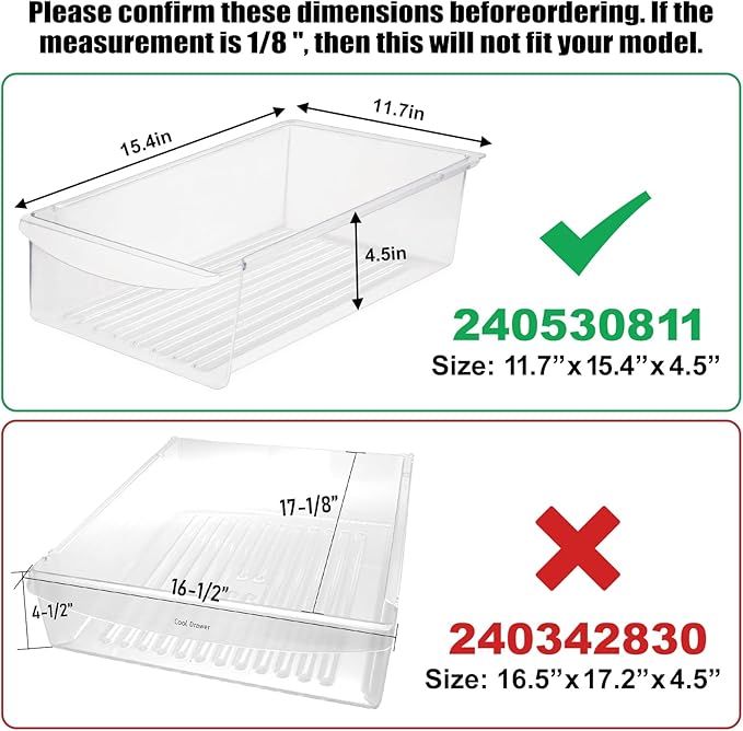 240530811 Refrigerator Drawer 15.4Width x 11.7Depth Replaces AP3960009, 240530813, 1194815, 240354201 Meat Pan Crisper Bin Compatible with Frigidaire (Not the larger part:240342830 16.5"x17.2")
