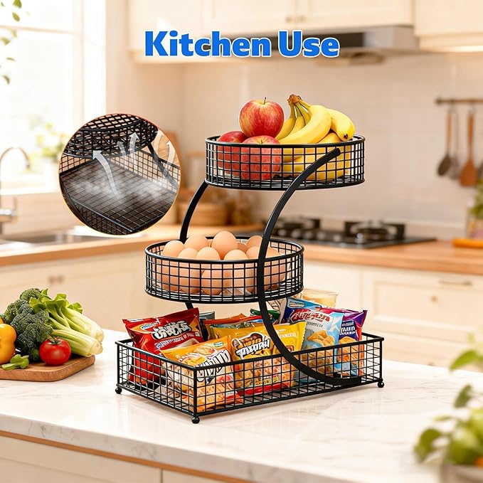 3-Tier Metal Multi-Functional Organizer Basket | Makeup, Skincare, Fruit & Spice Storage Rack | Countertop Vanity, Bathroom & Kitchen Organizer Holder | Stylish Black Wire Shelf (Black)