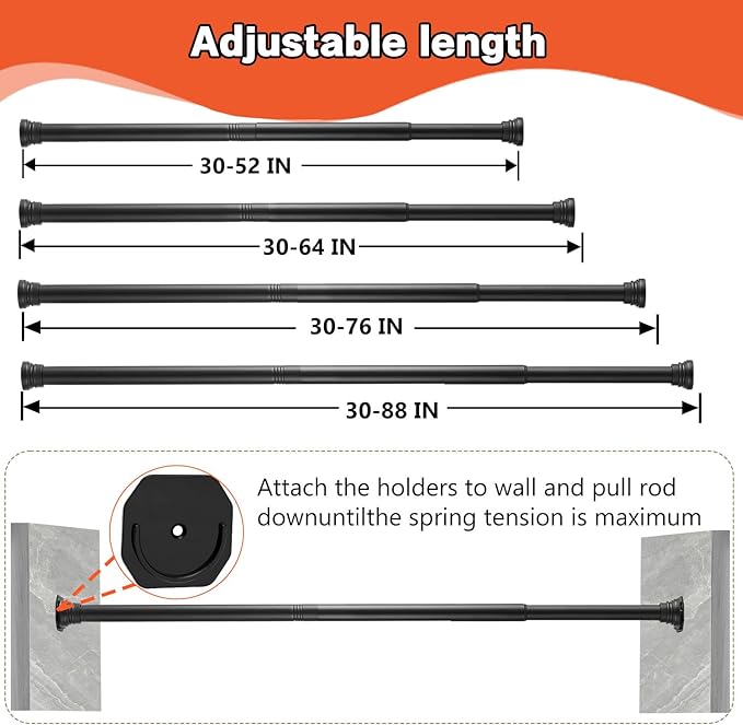 Closet Rod - 30-64 Inches, No Drilling Closet Rod Extender Hanging - Matte Black Adjustable Clothes Hanging Bar, for Closet, Bathroom, Windows with No Drilling Holder
