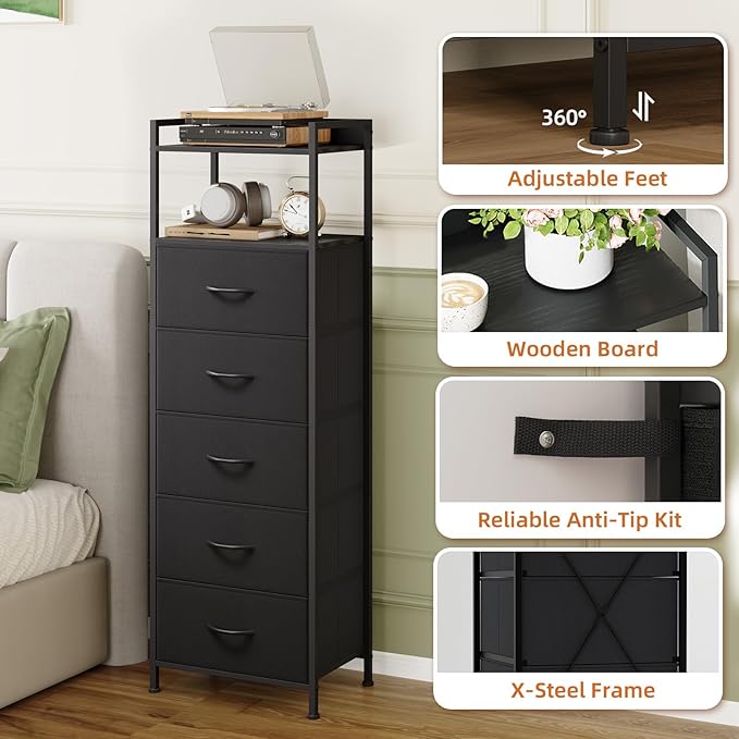 Somdot Tall Dresser for Bedroom, 5 Drawers Nightstand Vertical Storage Tower Unit, Night Stand Furniture with Fabric Drawer Organizer in Bedside Hallway, Entryway, Kids Room, Closet, Black