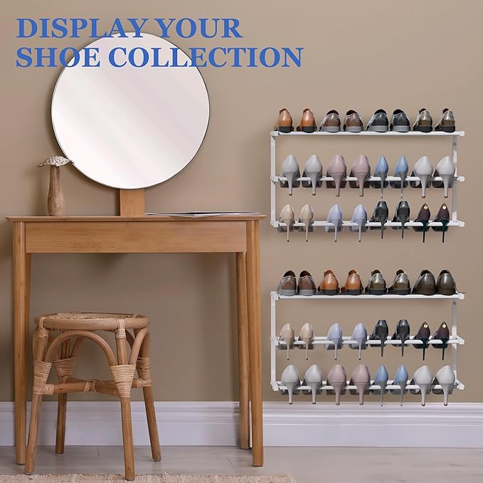 4 Pack Wall Mounted Shoe Rack, 3 Tier Hanging Shoe Rack Holds 48 Pairs, 17"-30"Adjustable Heavy Duty Metal Shoe Organizer Holder with 8 Storage Hooks, Space Saving for Closet Entryway Doorway（White)