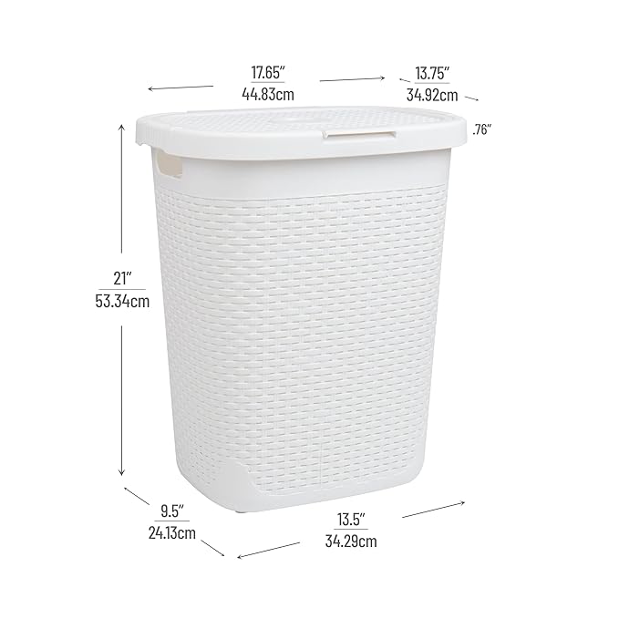 Mind Reader Slim Laundry Hamper with Lid, 50L Clothes Basket, Premium Wicker Design, Plastic, White