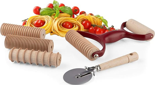 7 Pcs Pasta Making Tools - Kitchen Set with Handle, Pasta Cutter, Small Rolling Pin, and 4 Grooved Rollers for Spaghetti, Fettucine, Tagliatelle, and Pappardelle - Made in Italy by Classic Cuisine