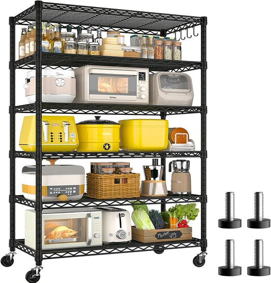 PrimeZone 6 Tier Wire Shelving with Wheels 79''H 1500lbs Storage Shelves NSF Certified Heavy Duty Steel Metal Shelf Adjustable Rolling Rack Kitchen Garage Closet Pantry Laundry 79''HX36''WX16''D