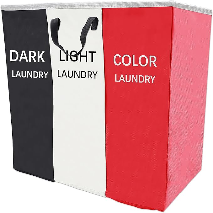 168L Laundry Hamper, Large Blanket Storage Basket Sorter 3 Section Bag Organizer for Dirty Clothes - Toys - Towel,15 X 23 X 28 inch Heavy Duty Laundry Cart Baskets (Black and white red bag)