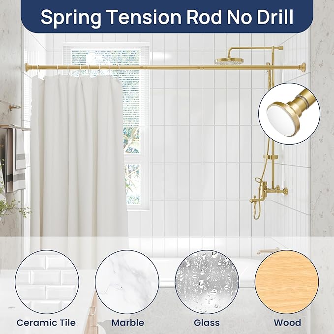 ENJOYBASICS Shower Curtain Rod 30 to 88 Inches, 1 Inch Stainless Steel Adjustable Spring Tension Rods No Drill for Bathroom, Closet, Window, Room Divider, Never Rust, Non Slip, Gold