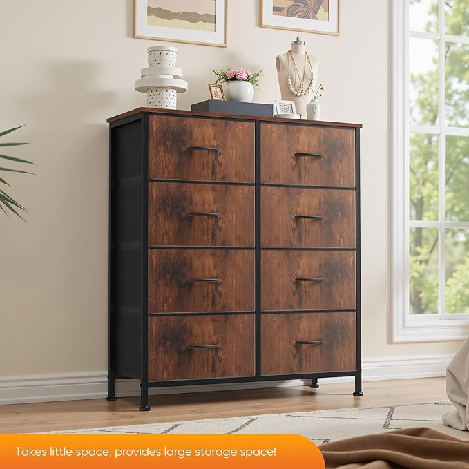 Sweetcrispy Dresser for Bedroom with 8 Storage Drawers, Large Fabric Storage Tower Organizer, Chest of Drawers with Metal Frame Wooden Top for Closet, Living Room, Entryway, Tank