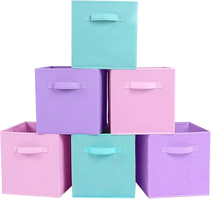PowerKing Collapsible Storage Cubes with Handles, Fabric Foldable Bins for Closet Shelves, Durable Organization Storage Bins, 10.5'' x 11'' x 10.5'' (Lavender+Light Blue+Pink, 6Pack)