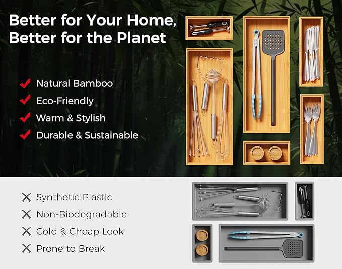 Bamboo Kitchen Drawer Organizer Set of 2, Stackable 12" x 6" Wood Silverware Utensil Tray for Drawers Bins, Cutlery & Flatware Storage – Wooden Boxes Organizers for Junk Drawer, Bathroom, RV