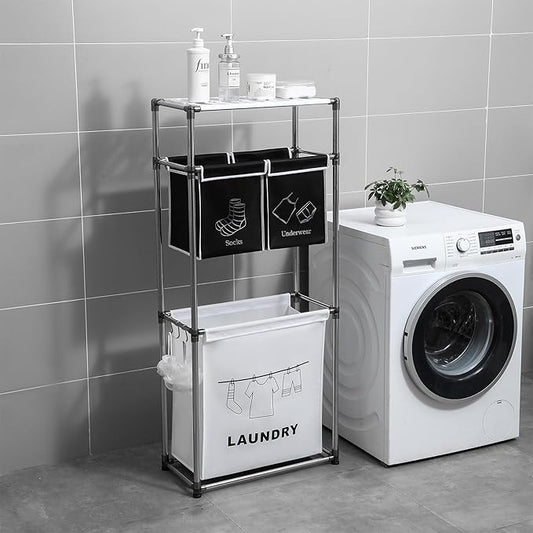 2-3 Tier Laundry Hamper with Removable Fabric Bins, Freestanding Laundry Sorter Organizer with Hooks, Foldable Sorting Basket for Bedroom, Bathroom & Dorm (3-Tier)