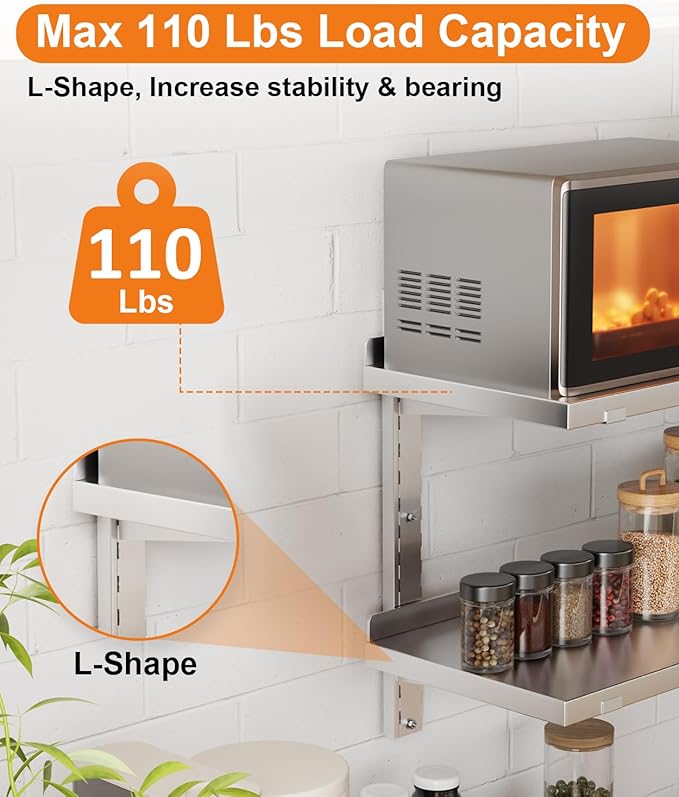 Stainless Steel Shelf, 47.2" X 12.6" Commercial Floating Wall Shelf with Brackets, 154Lbs Capacity, Adjustable Double-Layer Metal Heavy Duty Storage Rack for Restaurant, Kitchen Bar Home Hotel