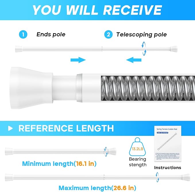Tension Rod 16 to 26 Inch Adjustable Curtain Rod No Drilling White Tension Curtain Rod Spring Tension Curtain Rod for Bookshelf Diy Projects Kitchen Cupboard Bathroom Wardrobe 1PCS